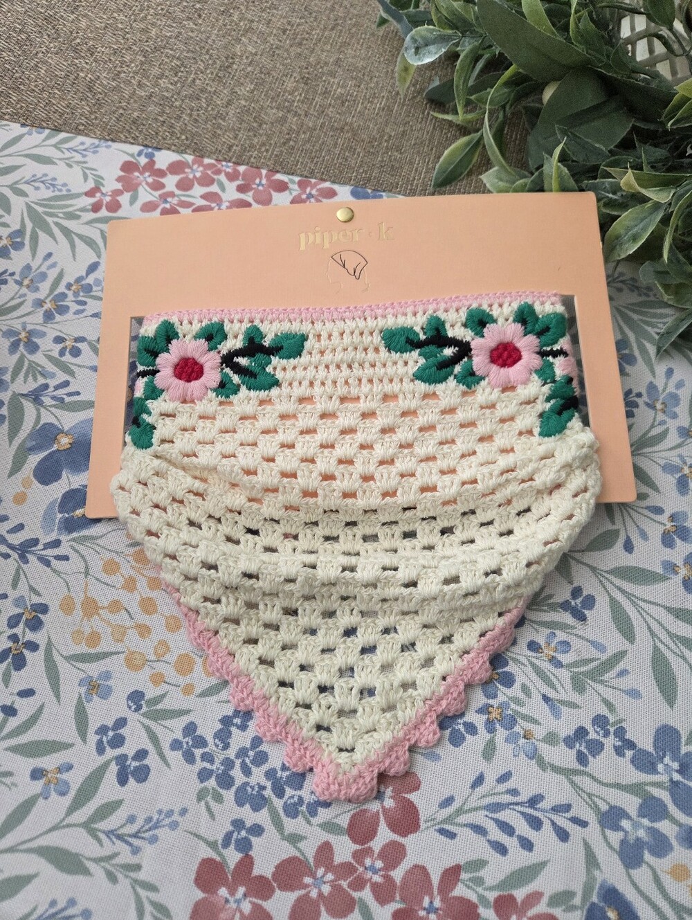 Piper Mulberry Crochet Floral Cream and Pink Bandana Scarf